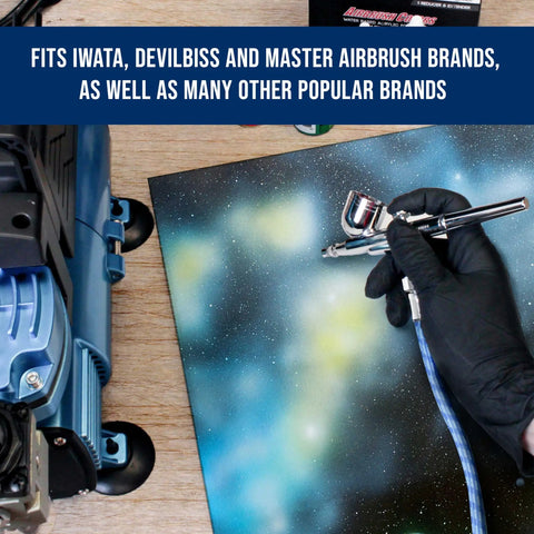 Person using Built Tough 10 Footer Nylon Braided Airbrush Hose With Soft Silicone Core for custom painting on canvas.