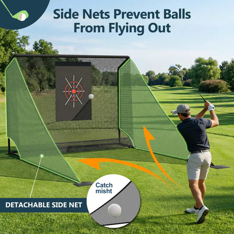 Golfer using Backyard Golf Practice Net 10x7ft With Auto Ball Return And Side Barriers Pro Grade Easy Setup Weather Resistant System