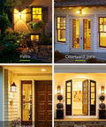Various outdoor settings with Yellow Amber Bug Light Bulbs For Outdoor Porch And Indoor Hallways A15 5W LED 450 Lumens E26 Edison Base