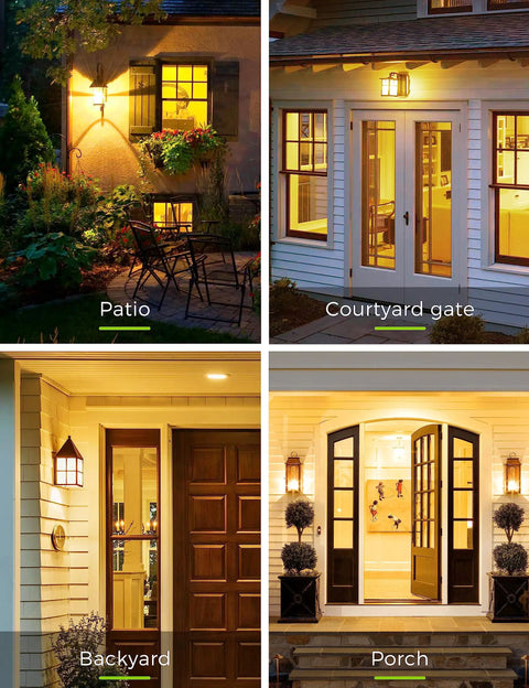 Various outdoor settings with Yellow Amber Bug Light Bulbs For Outdoor Porch And Indoor Hallways A15 5W LED 450 Lumens E26 Edison Base
