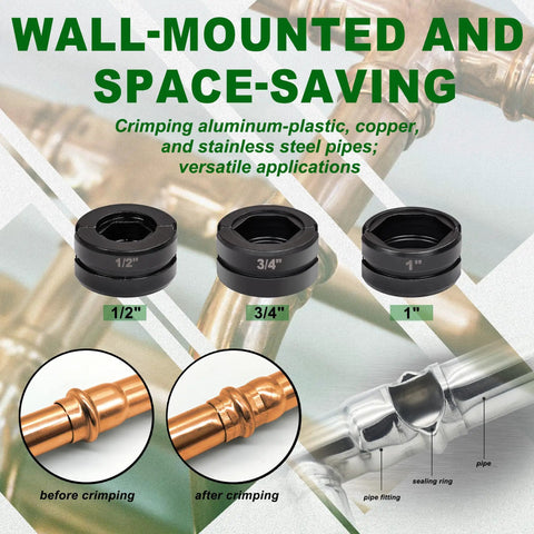 Wall-mounted copper tube fitting crimp tool showcasing 1/2, 3/4, and 1 inch jaws for plumbing and HVAC applications.