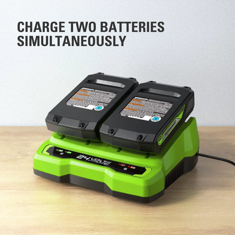 24V Dual Port Battery Charger With Smart Led Indicator charging two batteries on benchtop