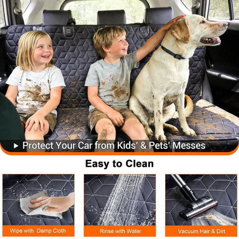 Waterproof Dog Car Seat Cover For SUVs Back Seat Heavy Duty Nonslip Bench Protector Fits RAV4 Honda Subaru Mazda CX5 Hyundai Tucson And More Keeps Seats Clean From Hair And Dirt with kids and dog seated.