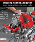 Model 300 Power Drive Complete Pipe Threading Machine, 38 RPM, shown with universal alloy die heads, stand, and oiler in use