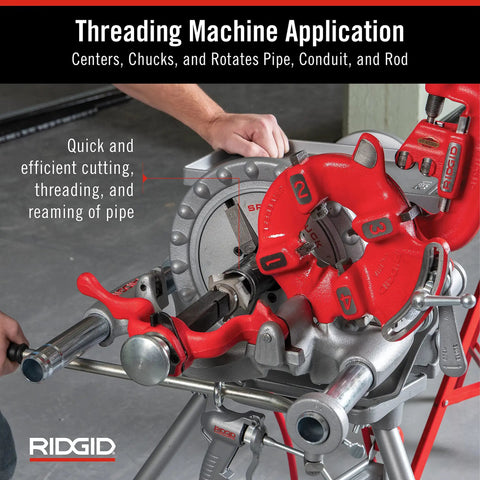 Model 300 Power Drive Complete Pipe Threading Machine, 38 RPM, shown with universal alloy die heads, stand, and oiler in use