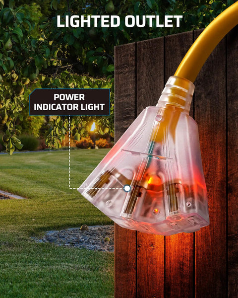 3 Ft Automatic GFCI Outdoor Extension Cord 12 Gauge 3 Conductor Heavy Duty Power Cable With LED Lighted 3 Prong Plug Yellow UL Listed