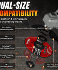 High Octane Brushless Cordless 4-1/2 To 5 Inch Angle Grinder Kit showing dual-size compatibility for 5" and 4.5" wheels.