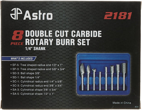 Astro 8-piece double-cut carbide rotary burr set with 1/4 in shank in blue blow-molded case