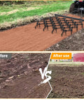 Heavy Duty ATV Chain Drag Harrow 4 Foot Wide By 4 Foot Long With One Half Inch Tines attached to ATV leveling soil in field before and after use