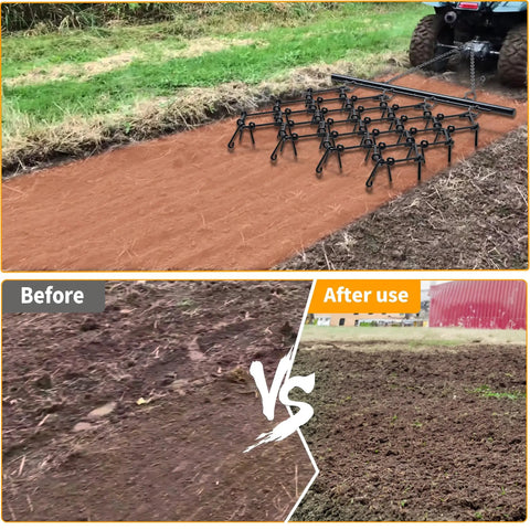 Heavy Duty ATV Chain Drag Harrow 4 Foot Wide By 4 Foot Long With One Half Inch Tines attached to ATV leveling soil in field before and after use