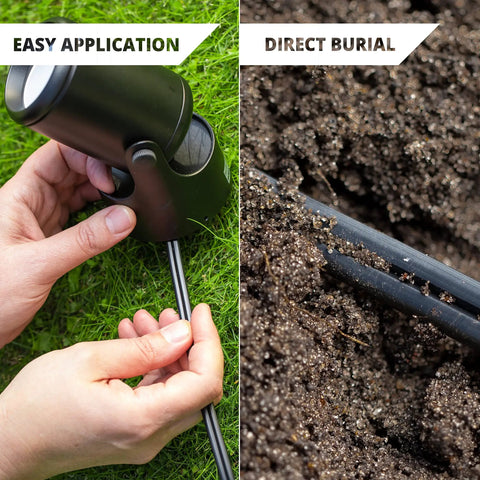 Hands installing 12/2 Low Voltage Landscape Wire 50 Ft Pure Copper Conductor Outdoor Direct Burial Cable in soil and grass