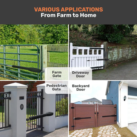 Heavy Duty Dual Swing Gate Opener Kit Handles Up To 20 Feet And 1200 Lbs With Smart App Control Remotes installed on various gates.