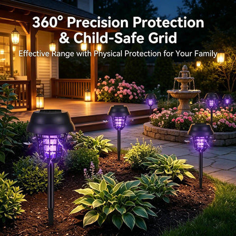 Solar Powered Bug Zapper For Outdoor Use Must Have Waterproof Mosquito Trap And Killer For Moths Gnats Flies Small Flying Insects Solar Zapper For Backyard Garden 4 Pack installed along a garden path at night