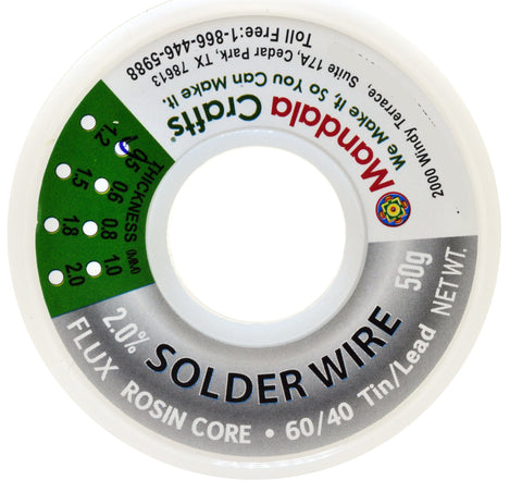 Close-up of 60/40 Lead Tin Solder Wire With Rosin Flux Core, 0.5mm, 50g spool showing branding and specifications.