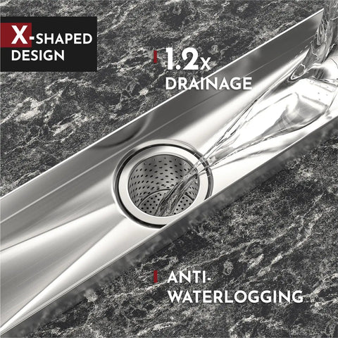 X-shaped design of 12 Inch Linear Shower Drain Kit With Rectangular Floor Drain Reversible 2-In-1 Cover Tile Insert Grate And Removable