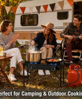 Group camping with Two Burner Propane Stove For Outdoor Cooking With 150,000 BTU Total near RV, food cooking on stove