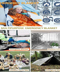 Thermal Mylar Emergency Blanket 20 Pack for Survival and First Aid Kits with various uses shown.
