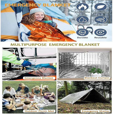Various uses of 40 Pack Thermal Mylar Emergency Blankets for survival, first aid, picnic mat, and shelter