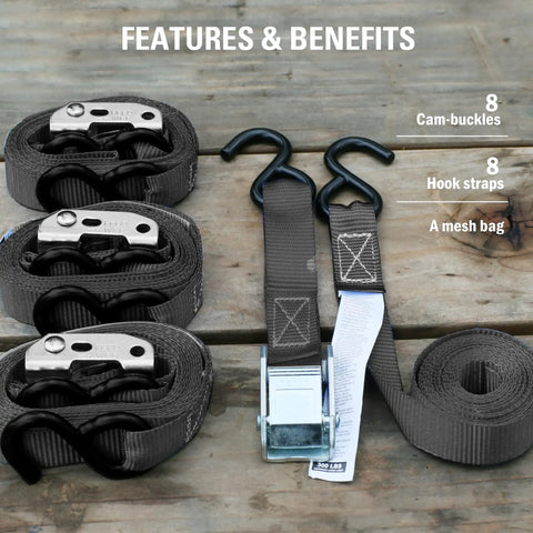 Cambuckle Tie Down Straps 1 Inch By 10 Feet Red 900 Pound Break Strength 8 Pack With Metal Cambuckles and PVC Coated S Hooks Displayed.