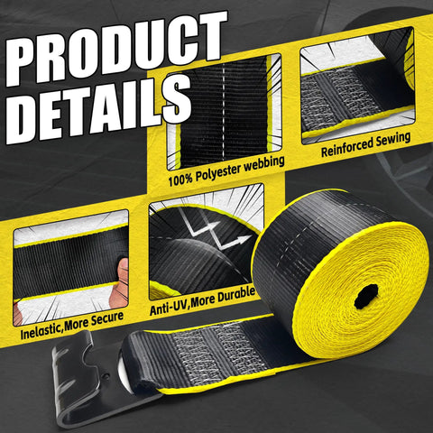 Image showcasing Heavy Duty 4 Inch Ratchet Cargo Straps 2 Pack With Reflective Center Stripe and Hammerlock Flat Hooks for secure hauling.