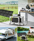Total Game Changer Off Grid Solar Kit Packing 2200 Watt Inverter With 20A PWM Controller And Foldable Battery Rack outdoors with devices.