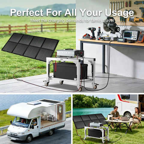 Total Game Changer Off Grid Solar Kit Packing 2200 Watt Inverter With 20A PWM Controller And Foldable Battery Rack outdoors with devices.