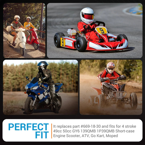 Collage of vehicles using a Durable 669mm CVT Drive Belt for 49cc 50cc GY6 139QMB short case engines