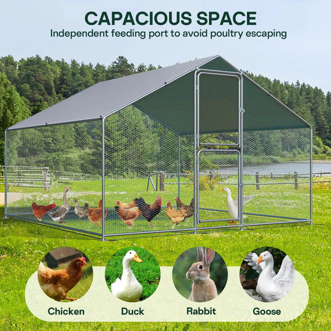 Spacious Outdoor Metal Chicken Coop Run With Waterproof UV Cover Double Lockable Doors For 10 To 30 Chickens Ducks Or Rabbits