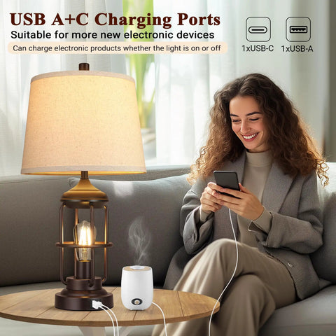 23 Inch Rustic Industrial Table Lamps Set Of 2 With USB A And C Ports Farmhouse Bedside Lights With Night Light 3 Way Dimmable