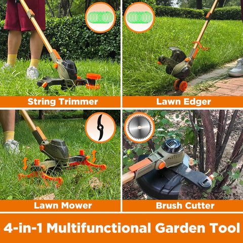 13 Inch Cordless All In One Weed Wacker Trimmer Edger Mower Brush Cutter With Steel Gears in use as trimmer, edger, mower, cutter