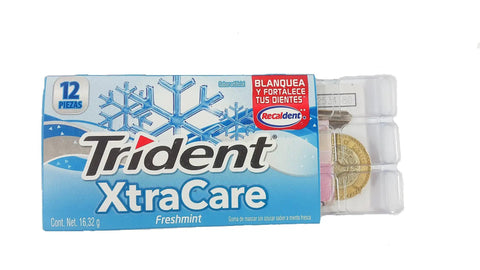 Discreet Diversion Safe Box Camouflaged Storage 2 Pack Assorted Colors For Cash Cards Keys And Small Valuables Travel Ready Hidden Compartments Perfect For Travel Or Home Everyday Carry Quietly Hide Cash Cards Keys Jewelry, featuring a repurposed Trident gum package with coins inside