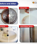 Before and after cleaning results on pots, stove top, ceramic sink, and hard water spots using Grout Cleaner That Tackles Hard Water Stains And Shower Door Spots Cleans Tile Fiberglass And Windows 16 Ounce Bottle Fresh Mint Scent Non Toxic And Eco Friendly Formula For A Brighter Bathroom.