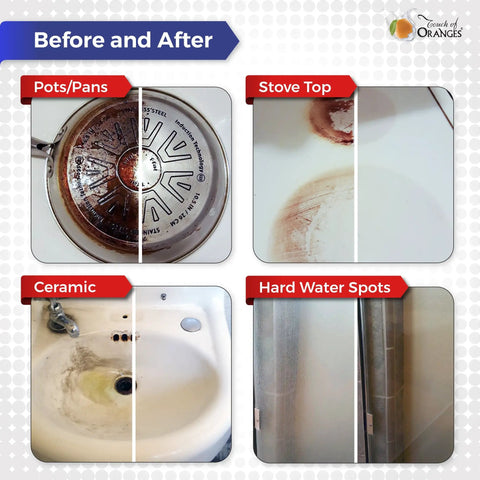 Before and after cleaning results on pots, stove top, ceramic sink, and hard water spots using Grout Cleaner That Tackles Hard Water Stains And Shower Door Spots Cleans Tile Fiberglass And Windows 16 Ounce Bottle Fresh Mint Scent Non Toxic And Eco Friendly Formula For A Brighter Bathroom.