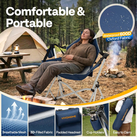 Woman relaxing on Grab And Go Portable Hammock Camping Chair With Adjustable Pillow And Back Height next to campfire