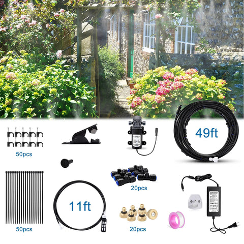 Outdoor Misting Cooling System Kit With Pump And Filter 49.2 Ft Misting Line With 20 Brass Nozzles and accessories displayed
