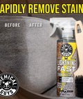 Lightning Fast Carpet And Upholstery Stain Extractor 16 Oz on seat fabric showing before and after stain removal.