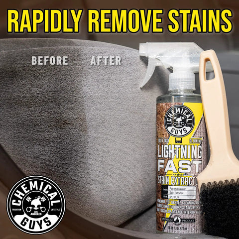 Lightning Fast Carpet And Upholstery Stain Extractor 16 Oz on seat fabric showing before and after stain removal.