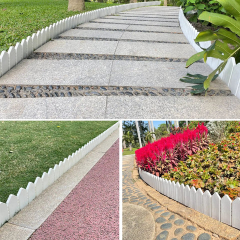 Landscape Edging Kit With 6.7 Inch Tall Wood Look Border For Flower Beds And Gardens, Double Sided White Fence Edge With 30 Anchoring Spikes
