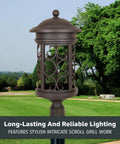Ellington Outdoor Post Lantern Light in Oil Rubbed Bronze, 23 Inch Mediterranean Cast Aluminum, intricate scroll grill