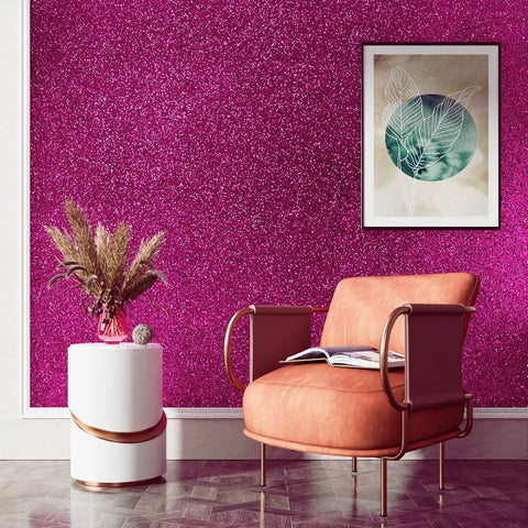 Living room with Hot Pink Glitter Peel and Stick Wallpaper Roll 15.8 Inch by 276 Inch Self Adhesive Sequin Wall Covering.