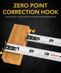 Four Pack 25 Foot Tape Measures With AutoLock And DuaLock, 1 Inch Nylon Coated Blade, True Zero Hook shown on wood block