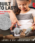 Child wearing Kids Cutting Gloves XS 8-12 Years demonstrating woodworking, showing food grade safety and Level 5 cut protection.