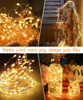 Collage of 200 Led 72Ft Outdoor Solar String Lights Waterproof With 8 Modes Twinkle Warm White wrapped in various shapes and bottles.