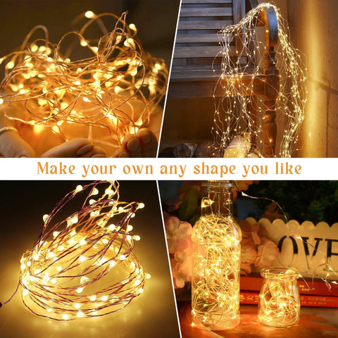 Collage of 200 Led 72Ft Outdoor Solar String Lights Waterproof With 8 Modes Twinkle Warm White wrapped in various shapes and bottles.