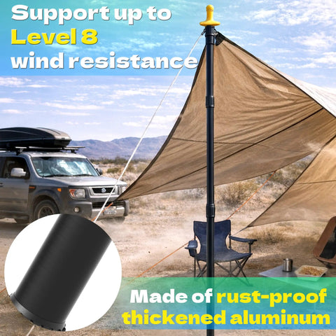 4 Pack Adjustable Heavy-Duty Tarp Poles With Ground Stakes And Guylines in use with yellow protection cap outdoors