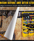 Wall Mounted Tool Organizer With Multiple Pockets For Track Rail Systems Heavy Duty Hanging Tool Holder For Trailers Trucks Vans And Warehouses Durable Steel Construction Keeps Tools Neatly Accessible In Any Job Site, before and after storage view