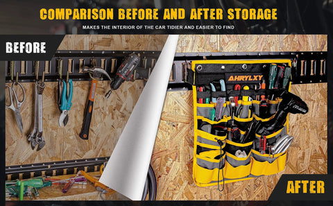 Wall Mounted Tool Organizer With Multiple Pockets For Track Rail Systems Heavy Duty Hanging Tool Holder For Trailers Trucks Vans And Warehouses Durable Steel Construction Keeps Tools Neatly Accessible In Any Job Site, before and after storage view
