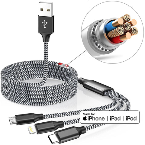 Three Pack Four Foot Three In One USB Charging Cable Set MFi Certified Fast Charge For Lightning USB C And Micro USB Multi Charging Cord Durable Nylon Braided Great For Travel On The Go Must Have, braided