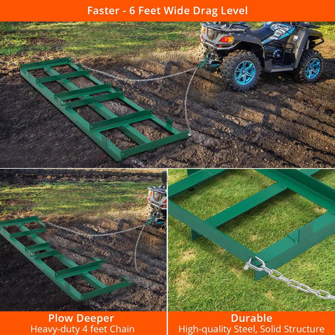 Heavy Duty Lawn Leveler Rake With 72 Inch By 10 Inch Size And 180 Degree Rotating Long Handle, attached to vehicle on soil