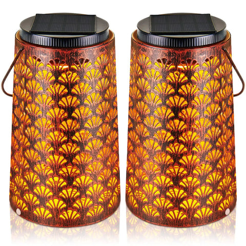 Lit Solar Lanterns Outdoor 2 Pack Waterproof Hanging Yard Decor Lights with warm glow and solar panels on top